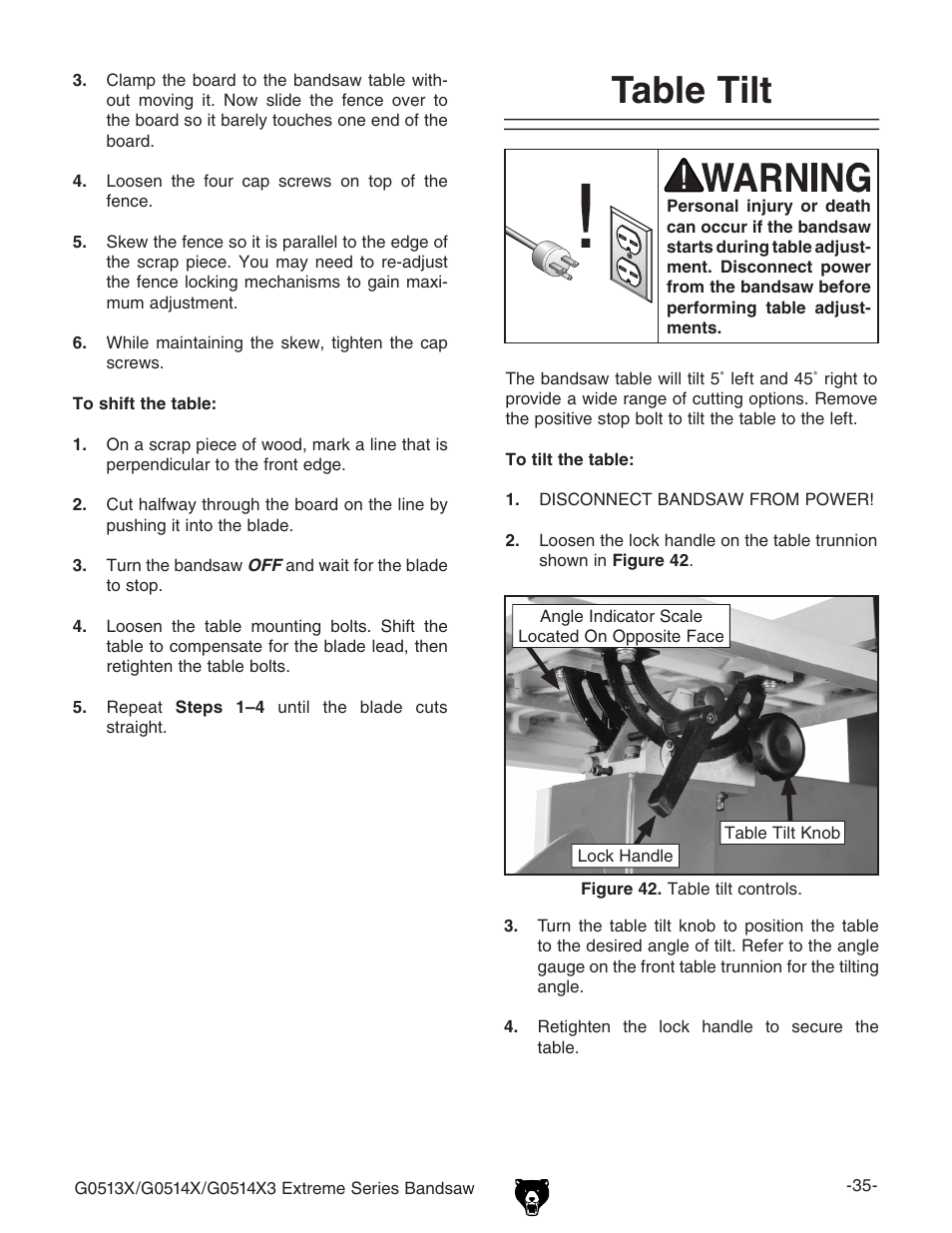 Table tilt | Grizzly G0513X User Manual | Page 37 / 76
