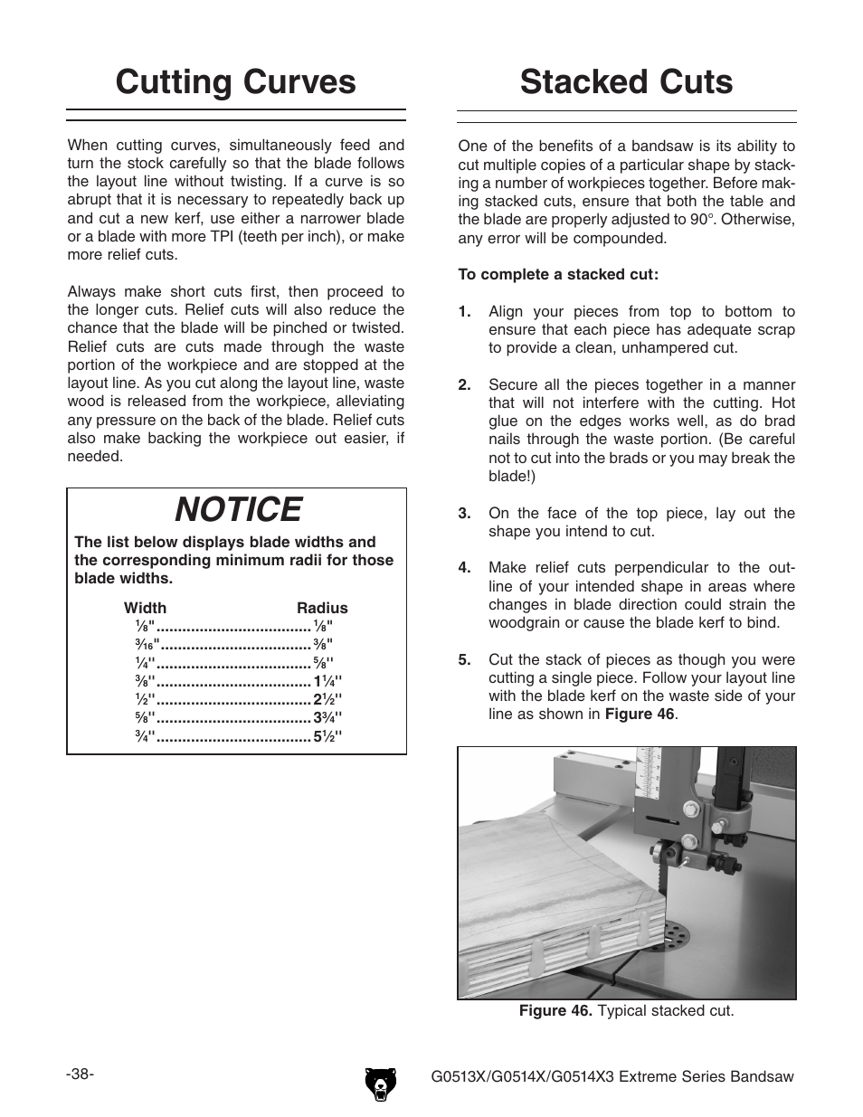 Stacked cuts, Cutting curves, Notice | Grizzly G0513X User Manual | Page 40 / 76