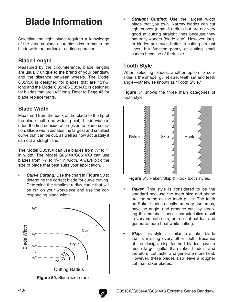 Blade information, Blade length, Blade width | Tooth style | Grizzly G0513X User Manual | Page 42 / 76