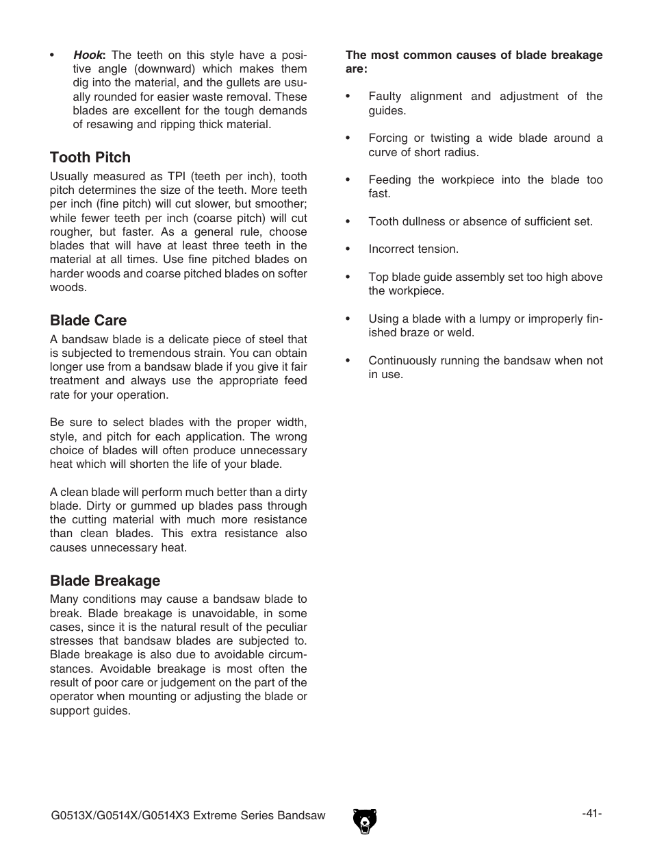 Tooth pitch, Blade care, Blade breakage | Grizzly G0513X User Manual | Page 43 / 76