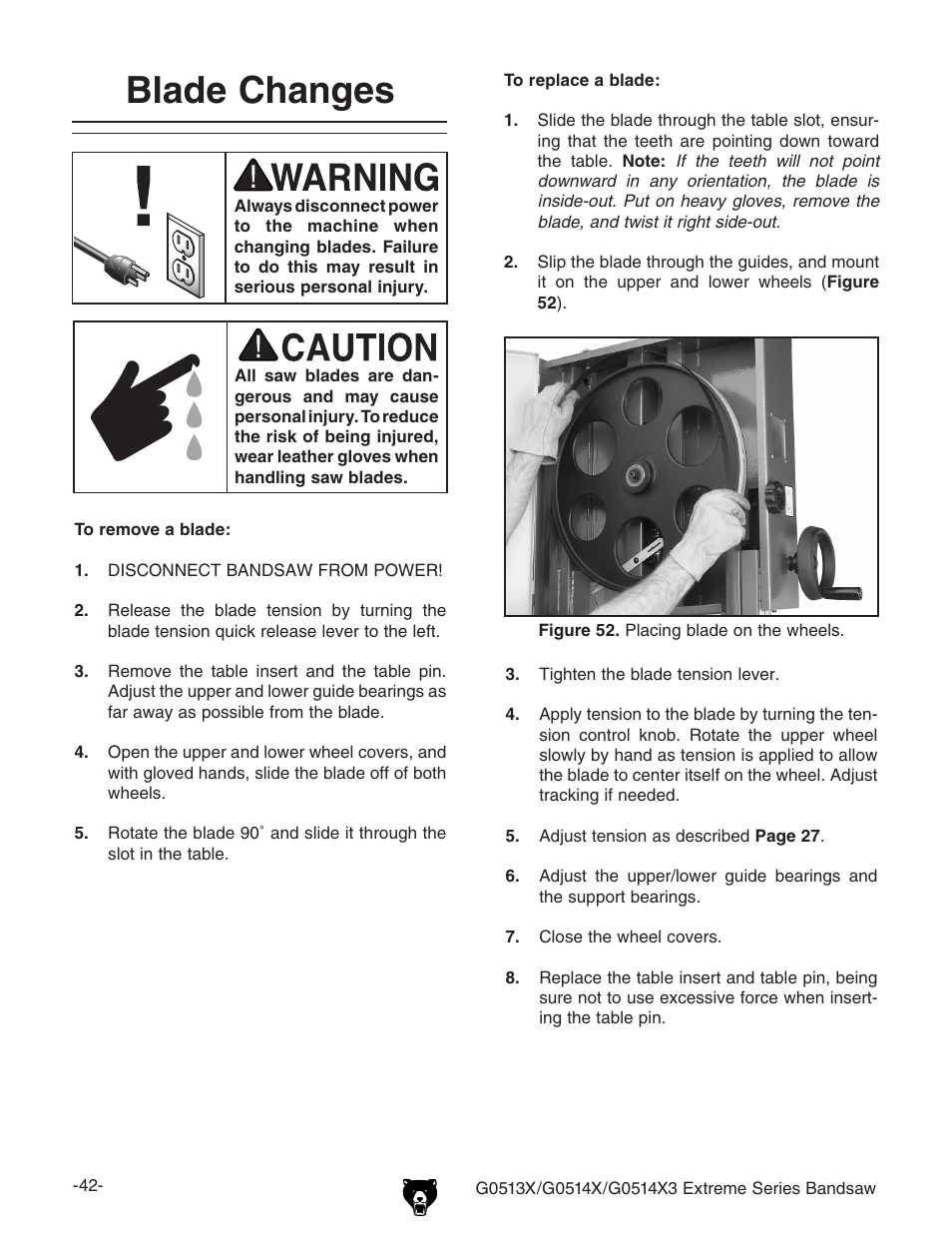 Blade changes | Grizzly G0513X User Manual | Page 44 / 76