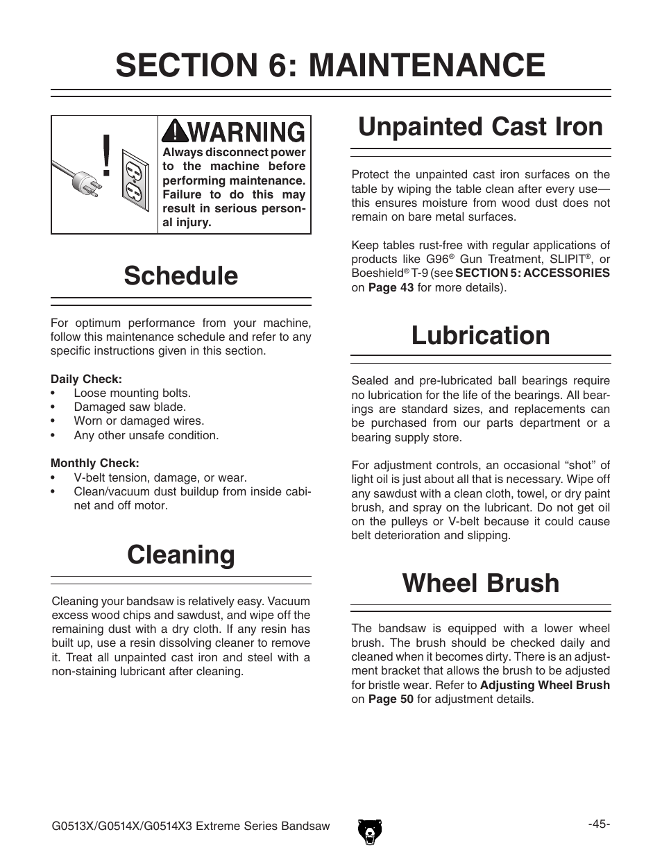 Lubrication, Cleaning, Unpainted cast iron | Schedule, Wheel brush | Grizzly G0513X User Manual | Page 47 / 76