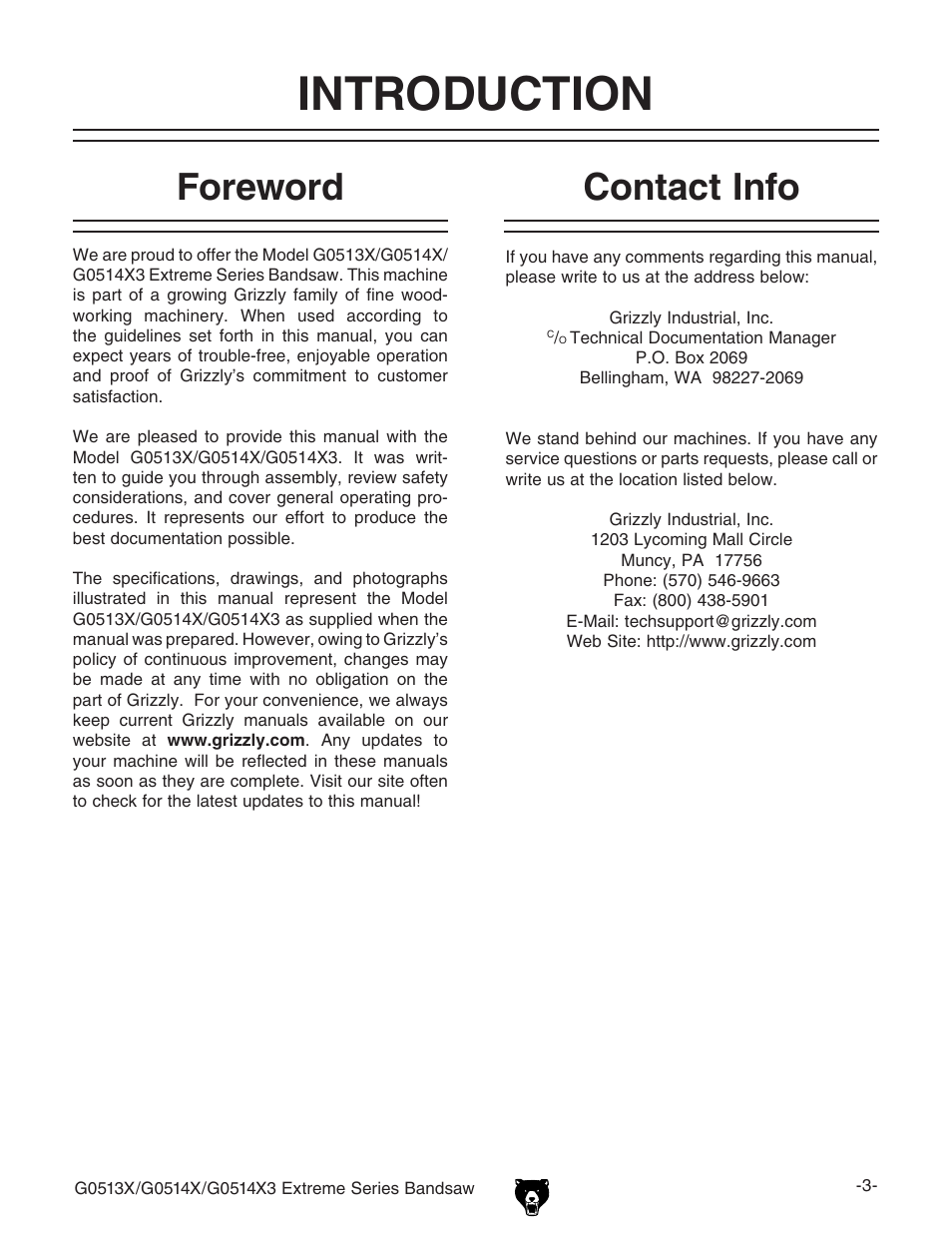 Introduction, Foreword, Contact info | Grizzly G0513X User Manual | Page 5 / 76