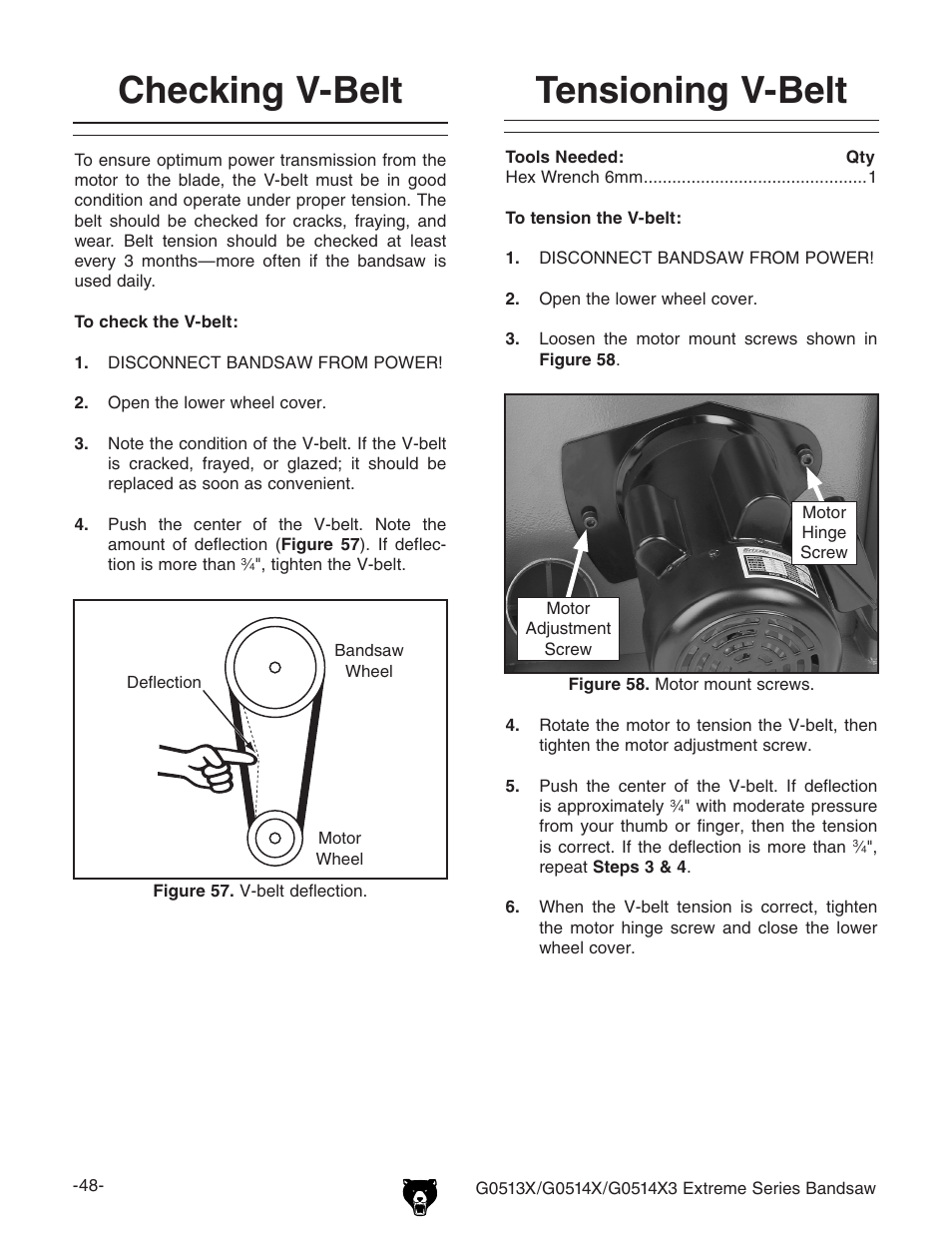 Checking v-belt, Tensioning v-belt | Grizzly G0513X User Manual | Page 50 / 76
