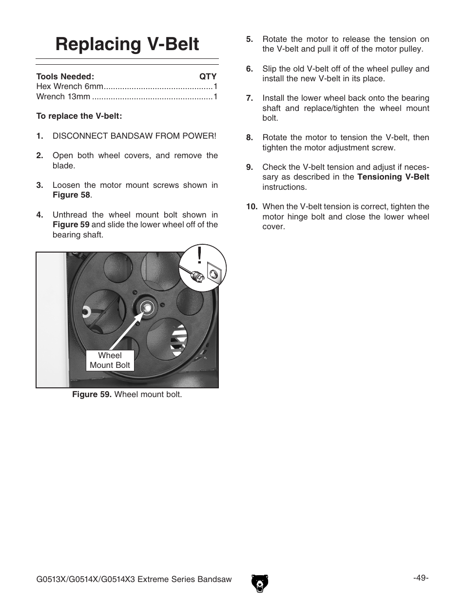 Replacing v-belt | Grizzly G0513X User Manual | Page 51 / 76
