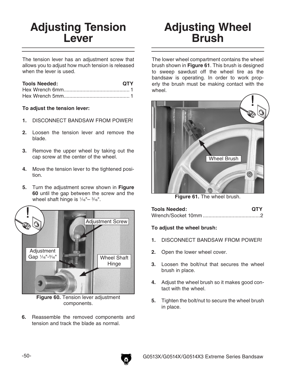 Adjusting tension lever, Adjusting wheel brush | Grizzly G0513X User Manual | Page 52 / 76