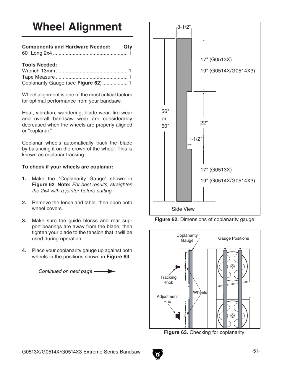 Wheel alignment | Grizzly G0513X User Manual | Page 53 / 76