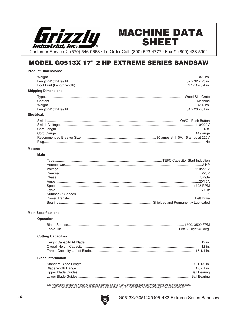 Machine data sheet, G0513x machine data sheet | Grizzly G0513X User Manual | Page 6 / 76