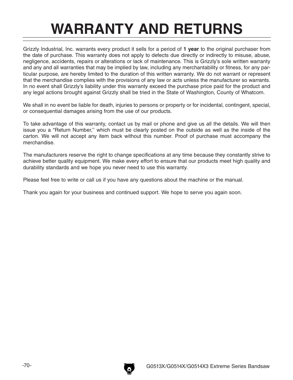 Warranty and returns | Grizzly G0513X User Manual | Page 72 / 76