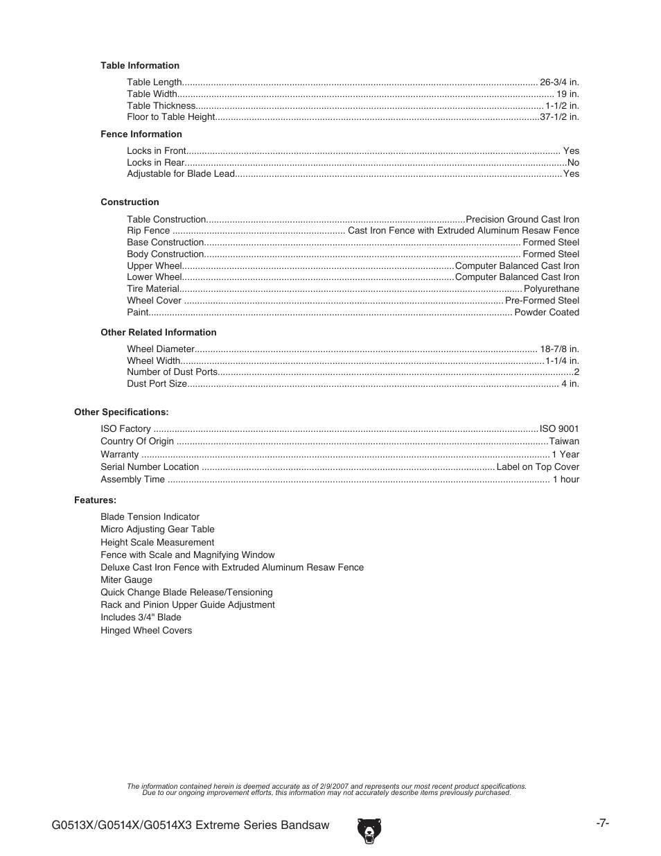 Grizzly G0513X User Manual | Page 9 / 76