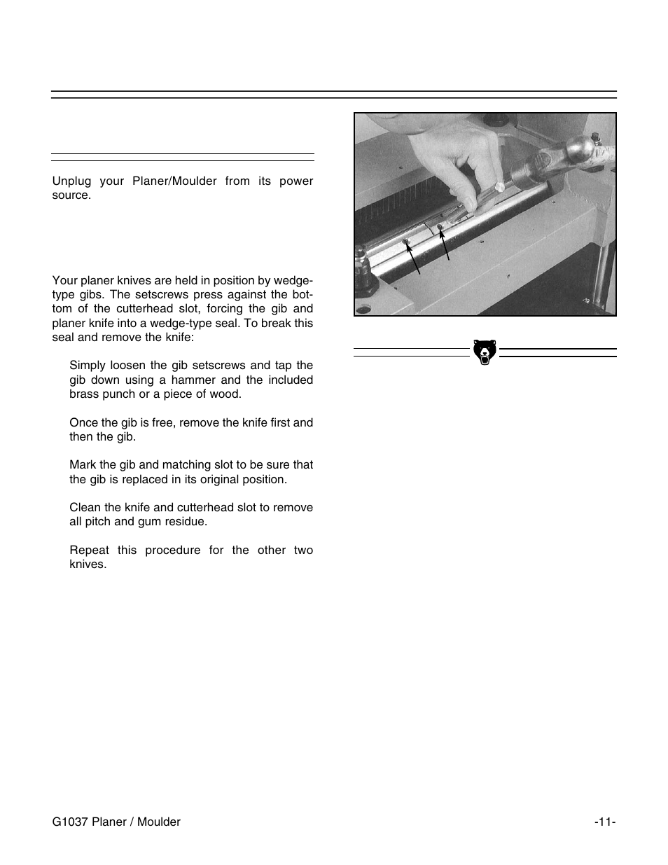 Knife removal | Grizzly G1037 User Manual | Page 13 / 36