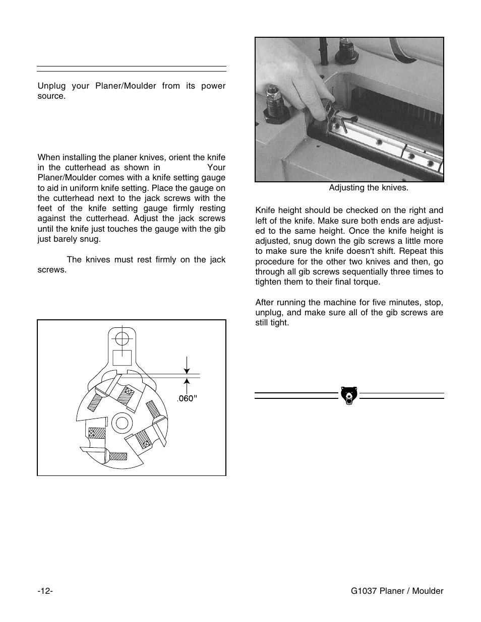 Knife setting | Grizzly G1037 User Manual | Page 14 / 36