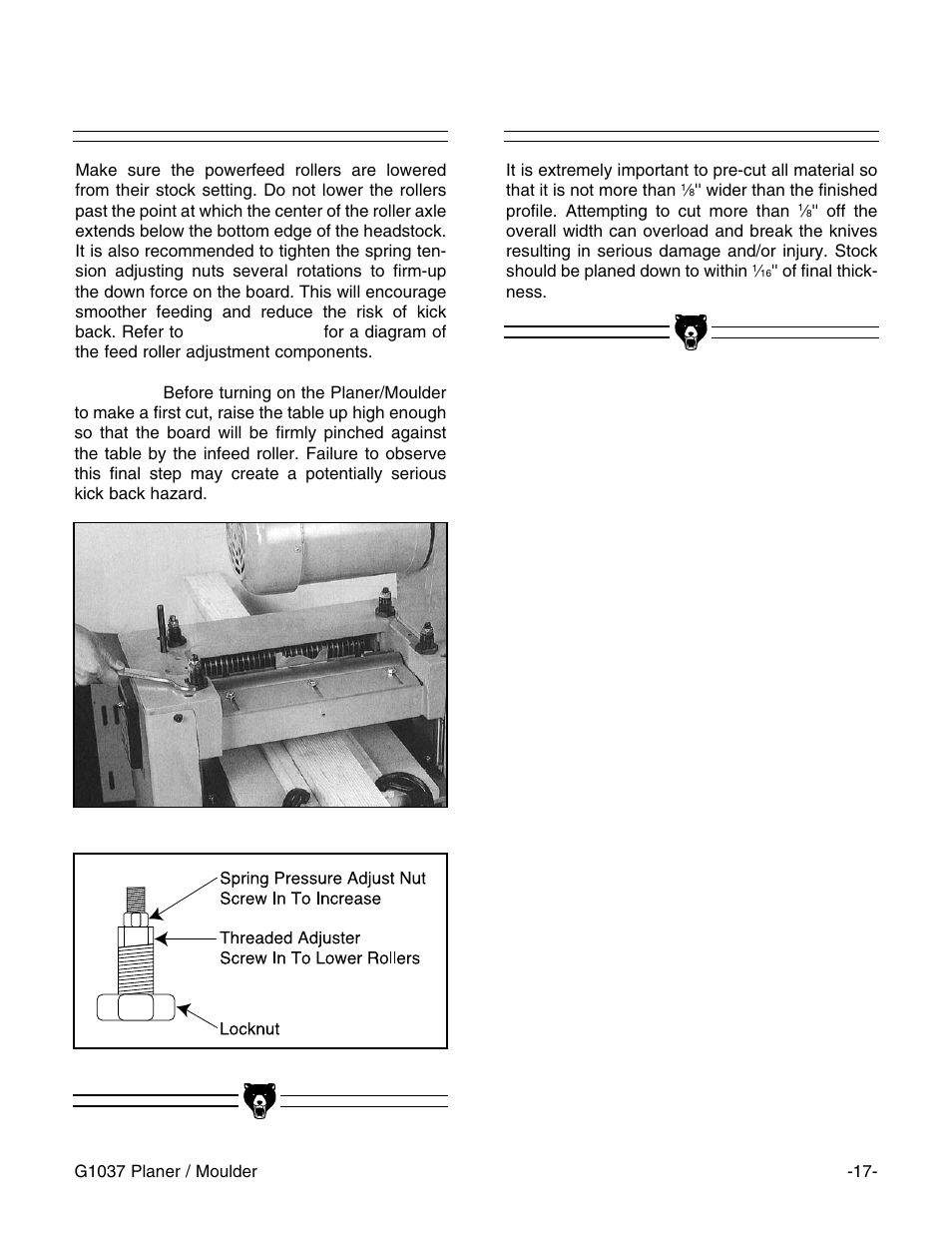 Stock pre-sizing, Feed roller adjustment | Grizzly G1037 User Manual | Page 19 / 36