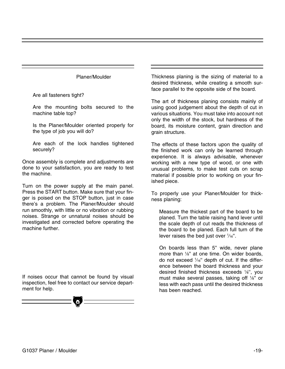 Test run thickness planing | Grizzly G1037 User Manual | Page 21 / 36