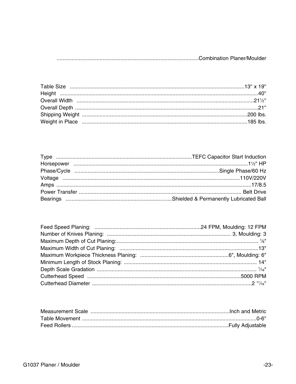 Machine data, Grizzly model g1037 planer/moulder | Grizzly G1037 User Manual | Page 25 / 36