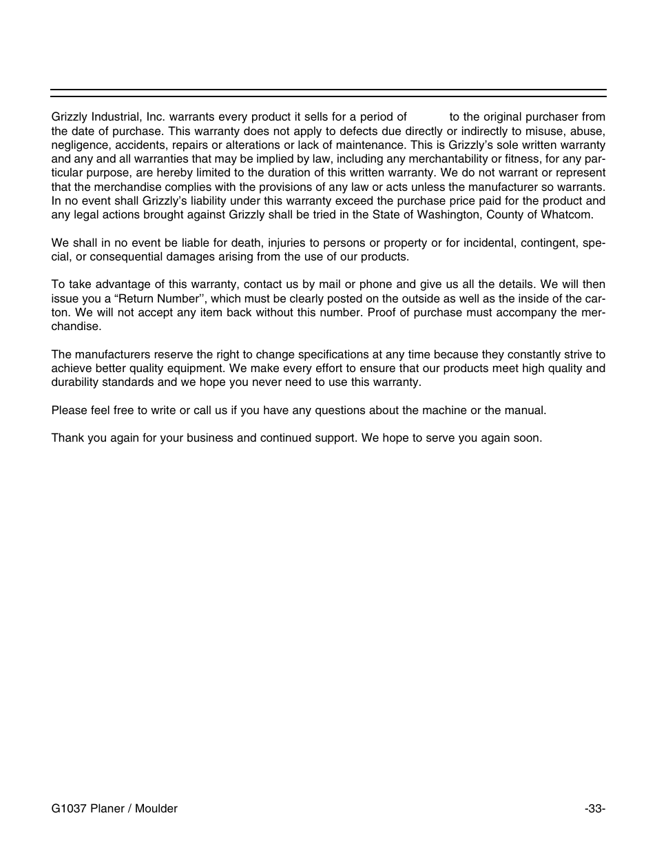 Warranty and returns | Grizzly G1037 User Manual | Page 35 / 36