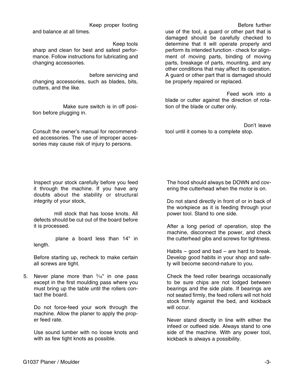 Additional safety instructions for planer-moulders | Grizzly G1037 User Manual | Page 5 / 36