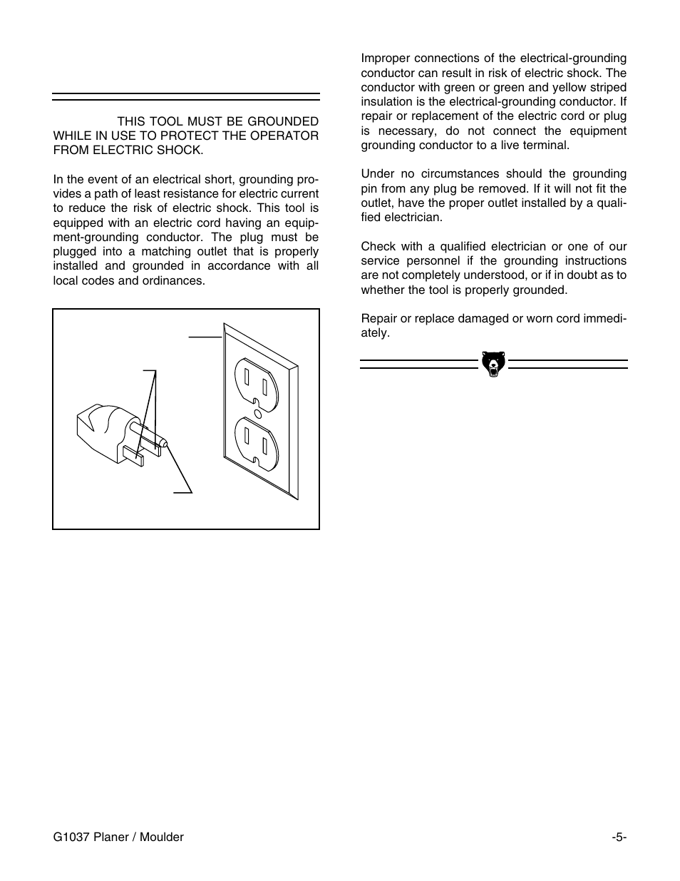 Grounding | Grizzly G1037 User Manual | Page 7 / 36