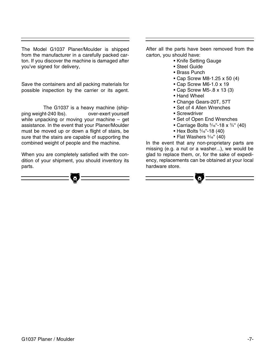 Unpacking, Piece inventory | Grizzly G1037 User Manual | Page 9 / 36