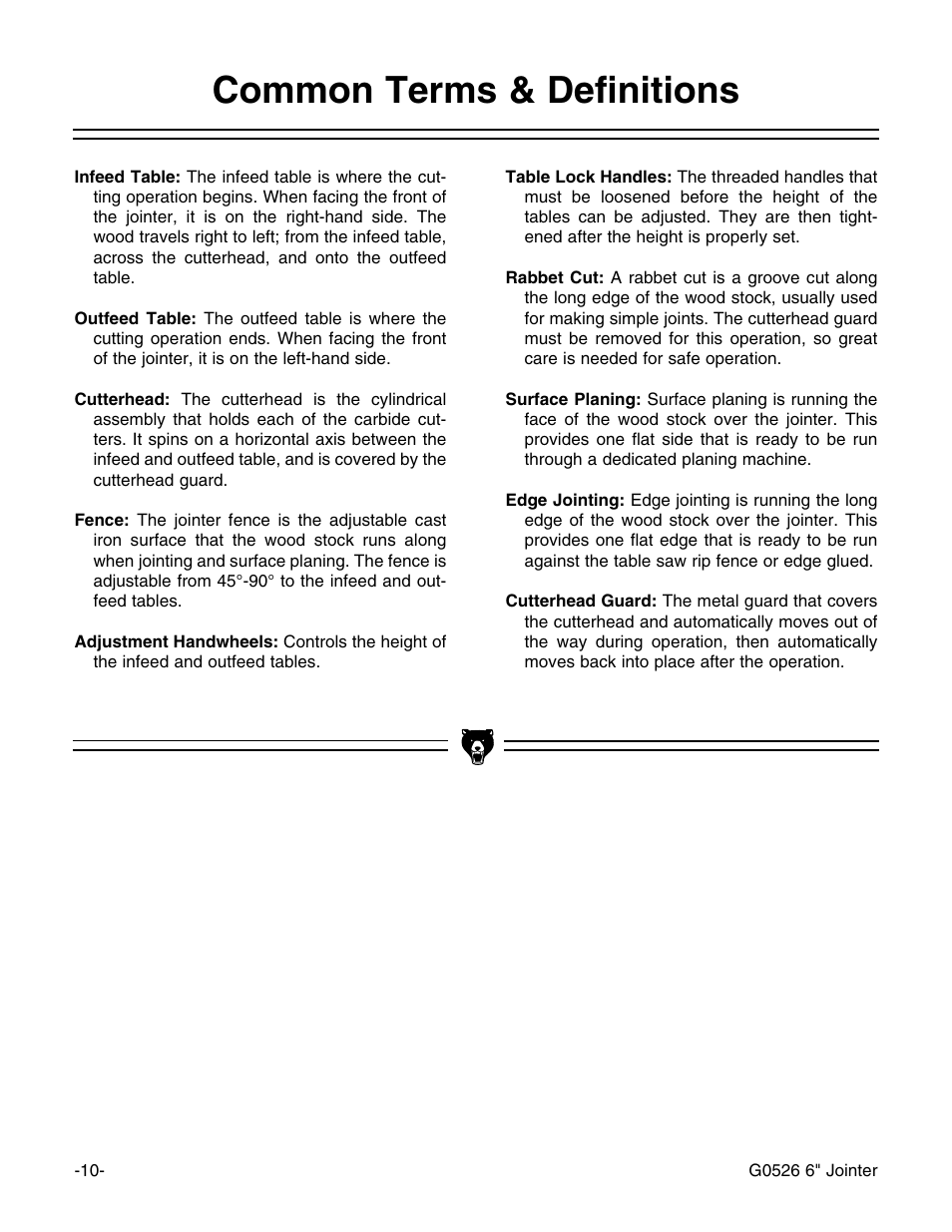 Common terms & definitions | Grizzly G0526 User Manual | Page 12 / 52