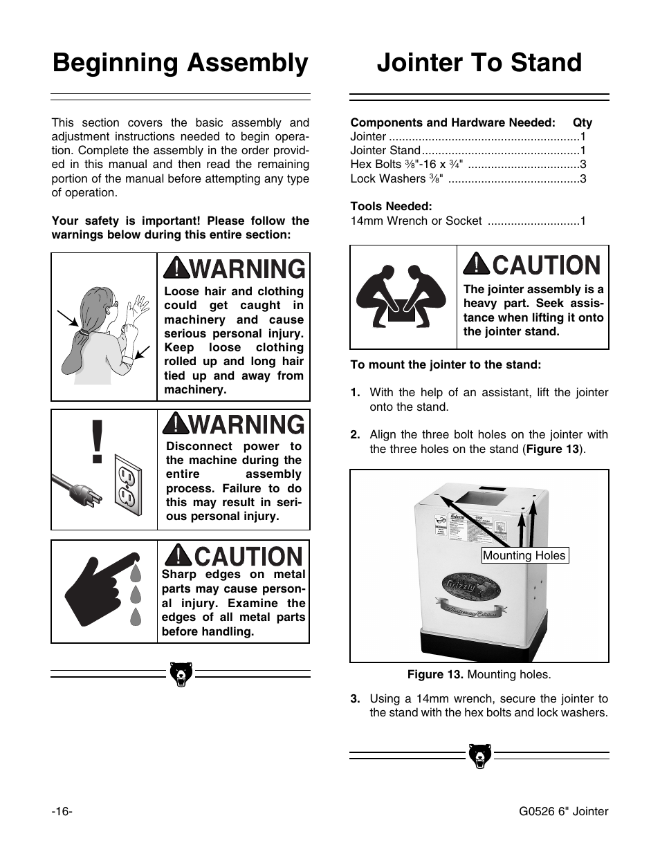 Jointer to stand beginning assembly | Grizzly G0526 User Manual | Page 18 / 52