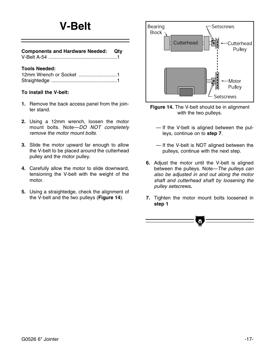 V-belt | Grizzly G0526 User Manual | Page 19 / 52