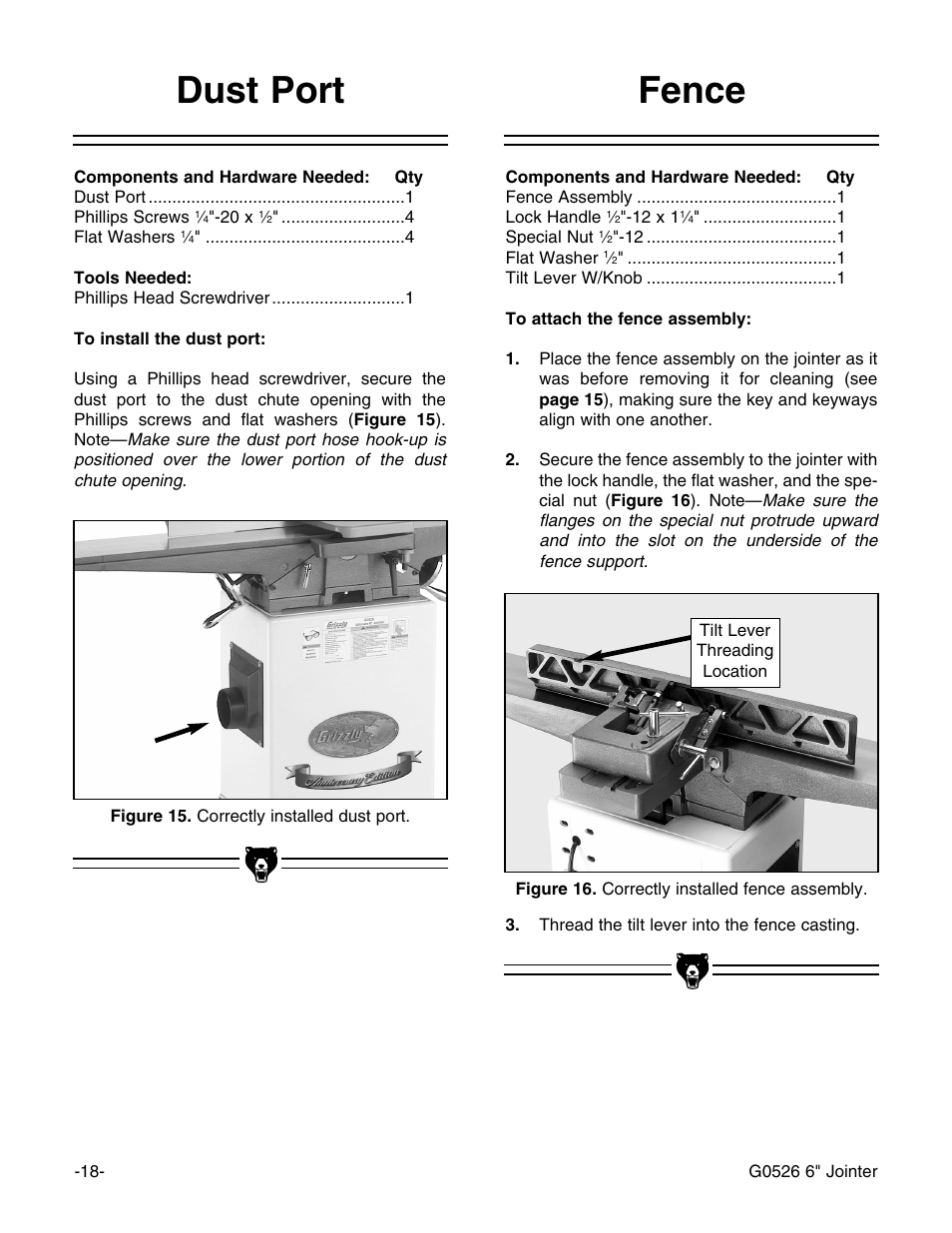 Fence dust port | Grizzly G0526 User Manual | Page 20 / 52