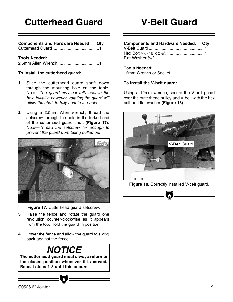 V-belt guard cutterhead guard notice | Grizzly G0526 User Manual | Page 21 / 52