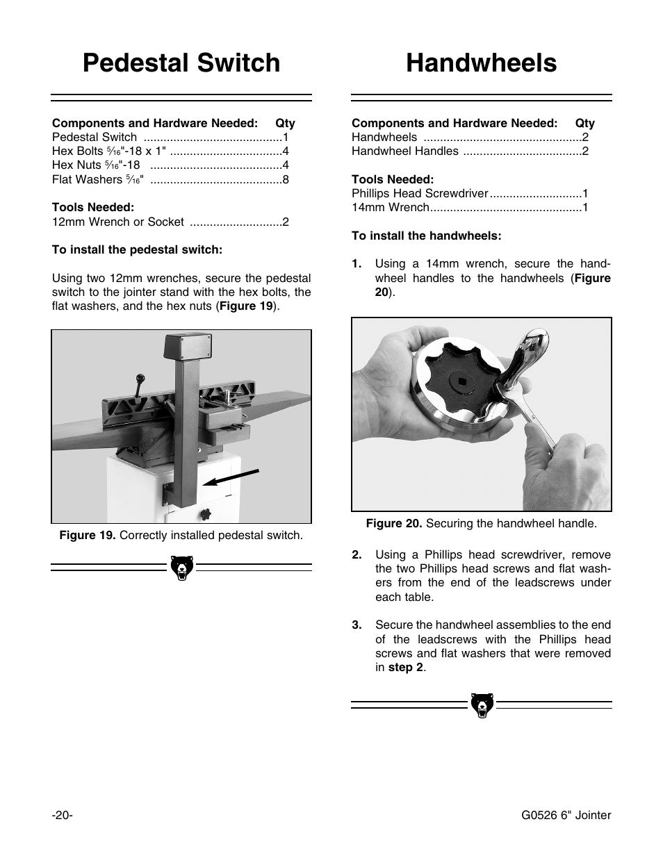 Pedestal switch, Handwheels | Grizzly G0526 User Manual | Page 22 / 52
