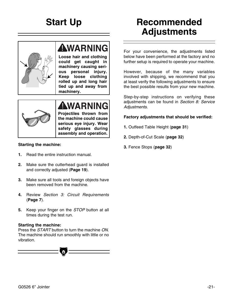 Recommended adjustments start up | Grizzly G0526 User Manual | Page 23 / 52