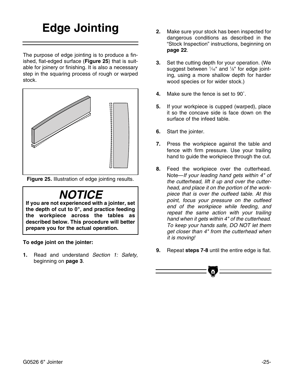 Notice, Edge jointing | Grizzly G0526 User Manual | Page 27 / 52