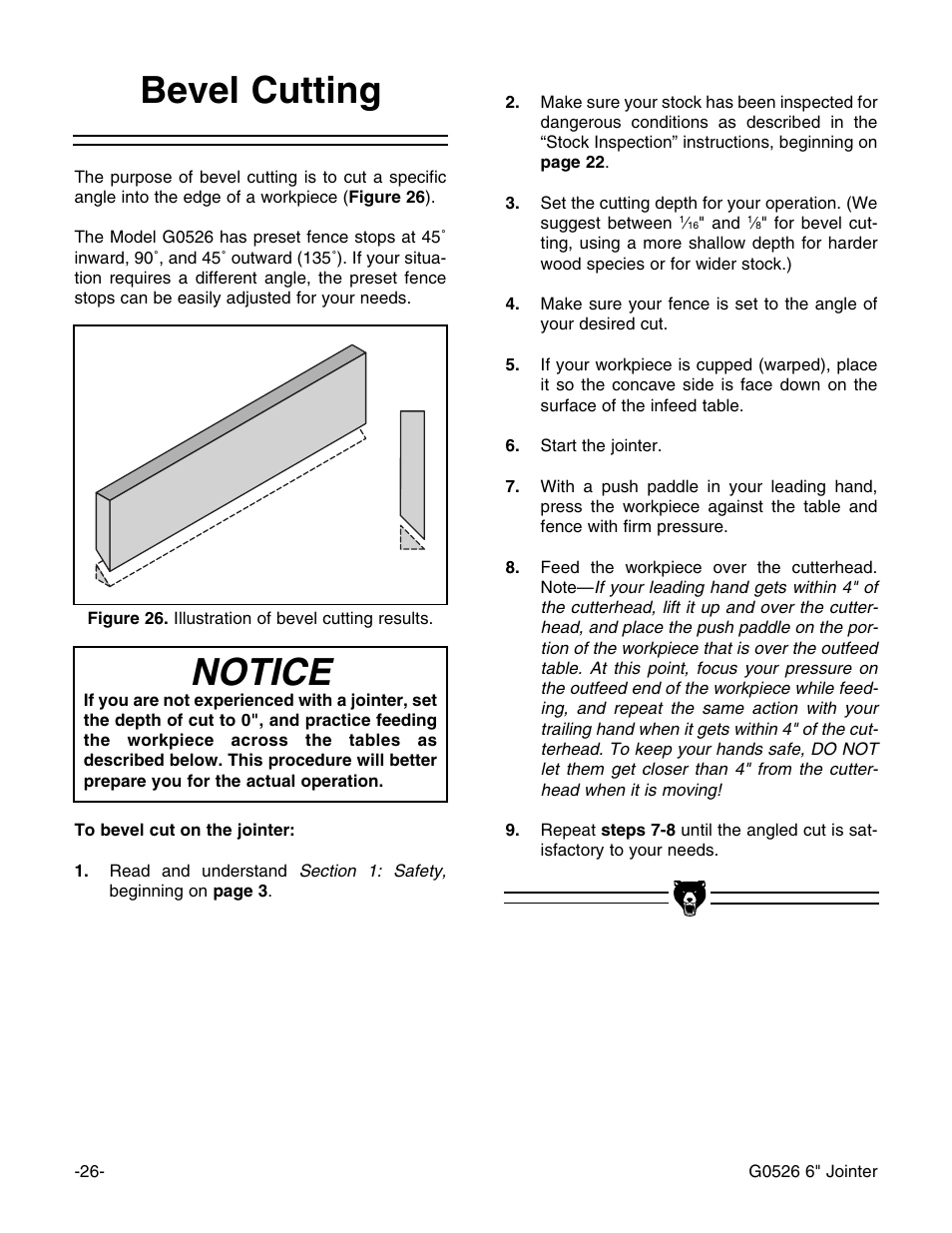 Notice, Bevel cutting | Grizzly G0526 User Manual | Page 28 / 52