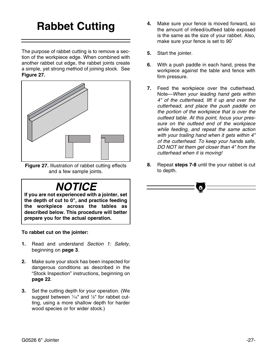 Notice, Rabbet cutting | Grizzly G0526 User Manual | Page 29 / 52