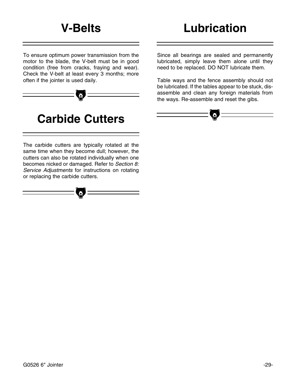 Carbide cutters lubrication v-belts | Grizzly G0526 User Manual | Page 31 / 52
