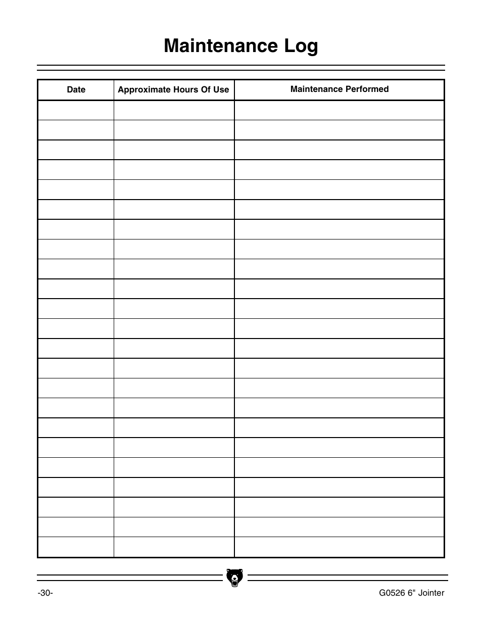 Maintenance log | Grizzly G0526 User Manual | Page 32 / 52