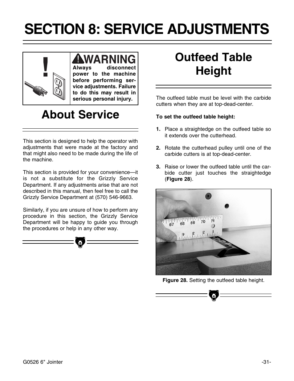 Outfeed table height about service | Grizzly G0526 User Manual | Page 33 / 52