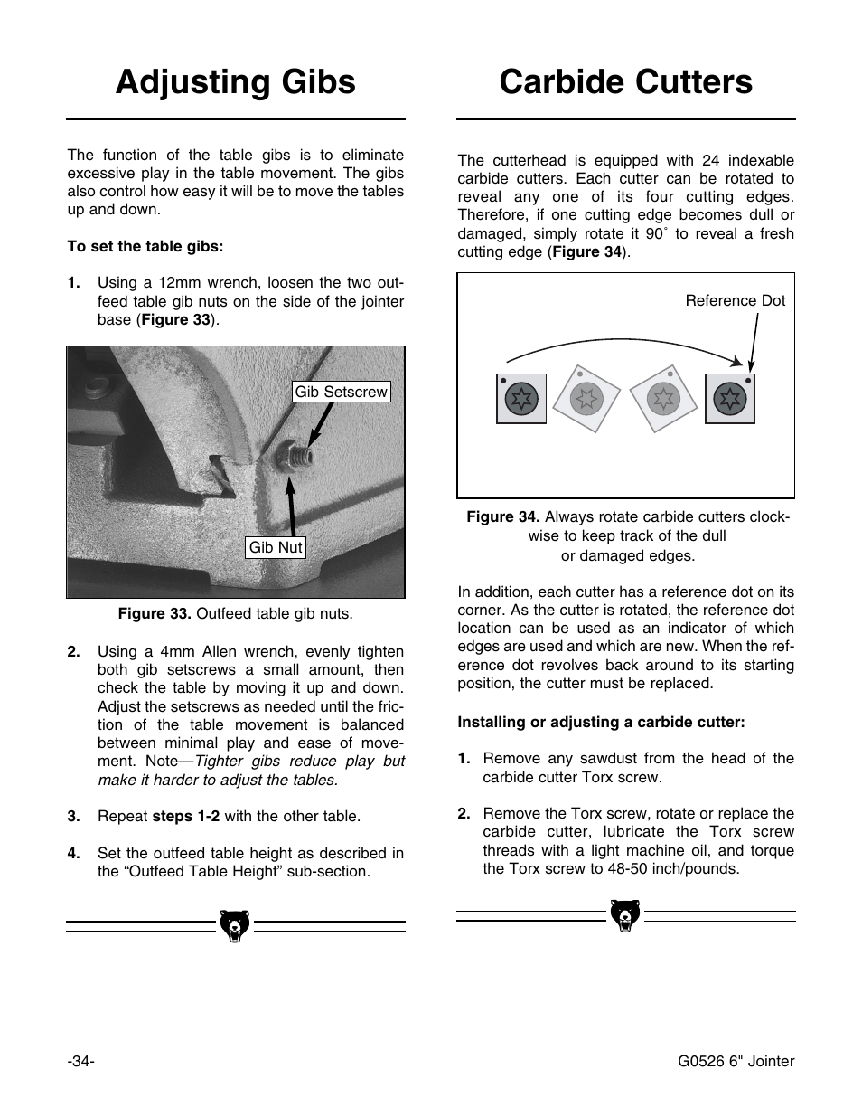 Adjusting gibs, Carbide cutters | Grizzly G0526 User Manual | Page 36 / 52