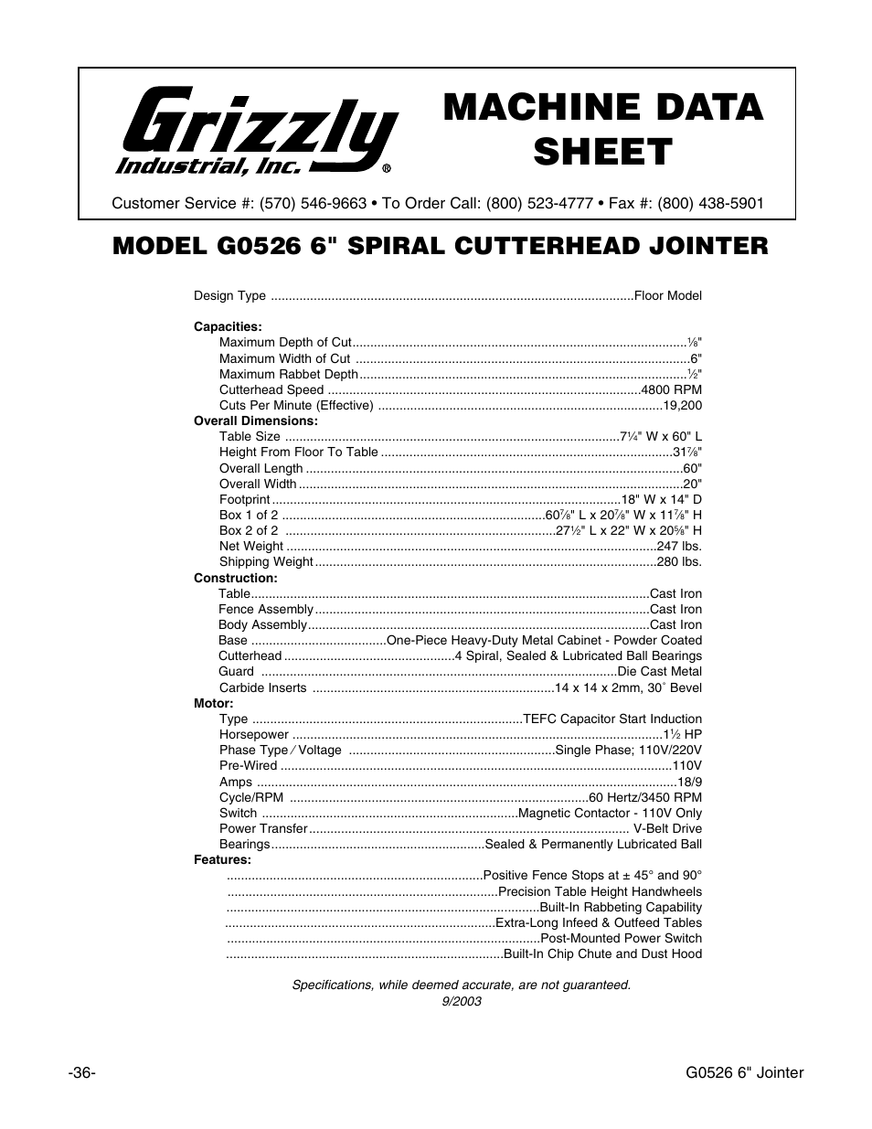 Machine data sheet | Grizzly G0526 User Manual | Page 38 / 52