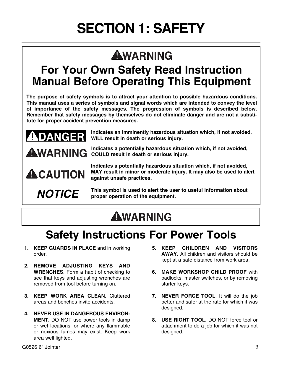 Notice safety instructions for power tools | Grizzly G0526 User Manual | Page 5 / 52