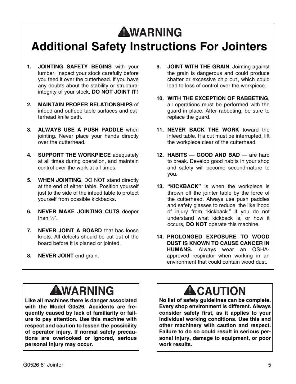 Additional safety instructions for jointers | Grizzly G0526 User Manual | Page 7 / 52