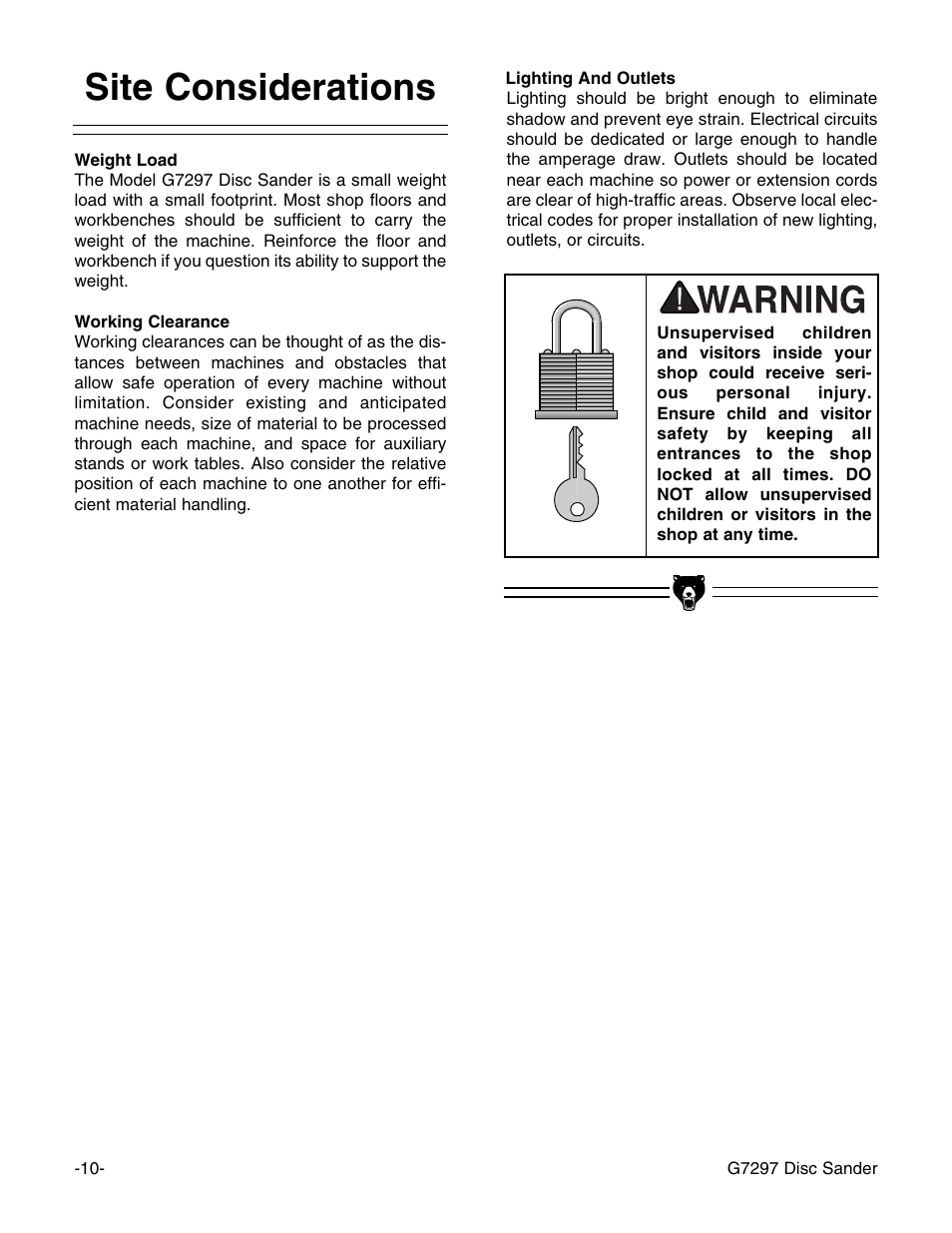 Site considerations | Grizzly G7297 User Manual | Page 12 / 27