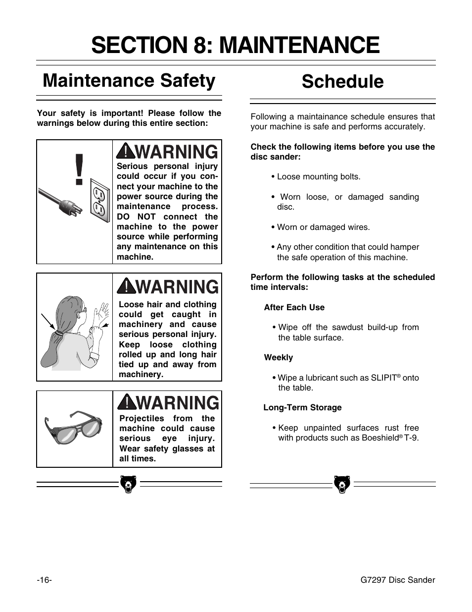 Schedule maintenance safety | Grizzly G7297 User Manual | Page 18 / 27