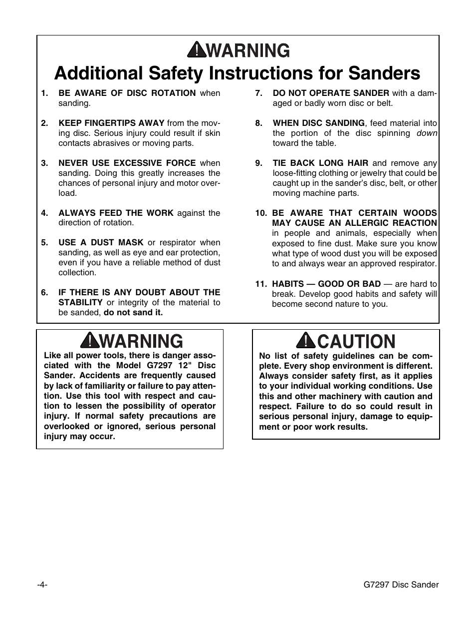 Additional safety instructions for sanders | Grizzly G7297 User Manual | Page 6 / 27