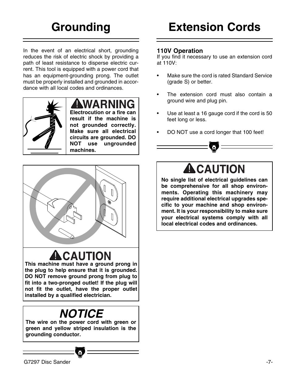 Notice, Extension cords grounding | Grizzly G7297 User Manual | Page 9 / 27