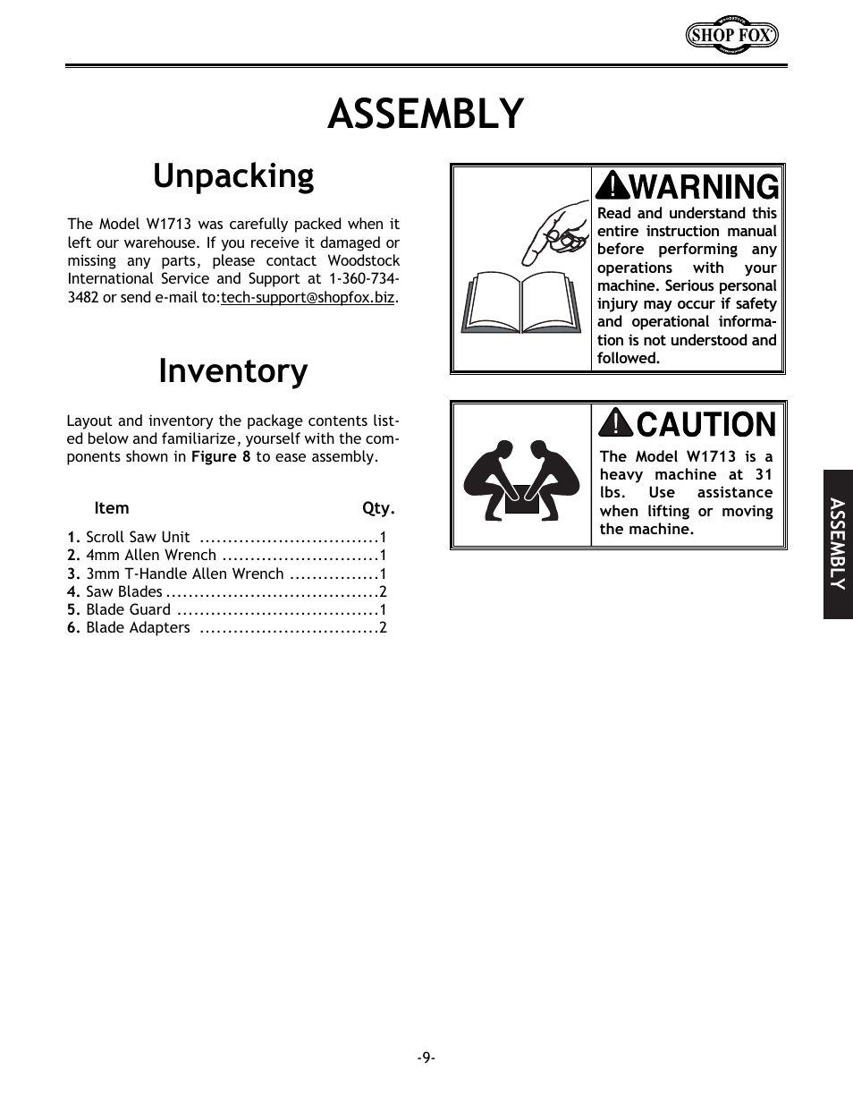 Assembly, Inventory unpacking | Grizzly Model H5698 User Manual | Page 11 / 28