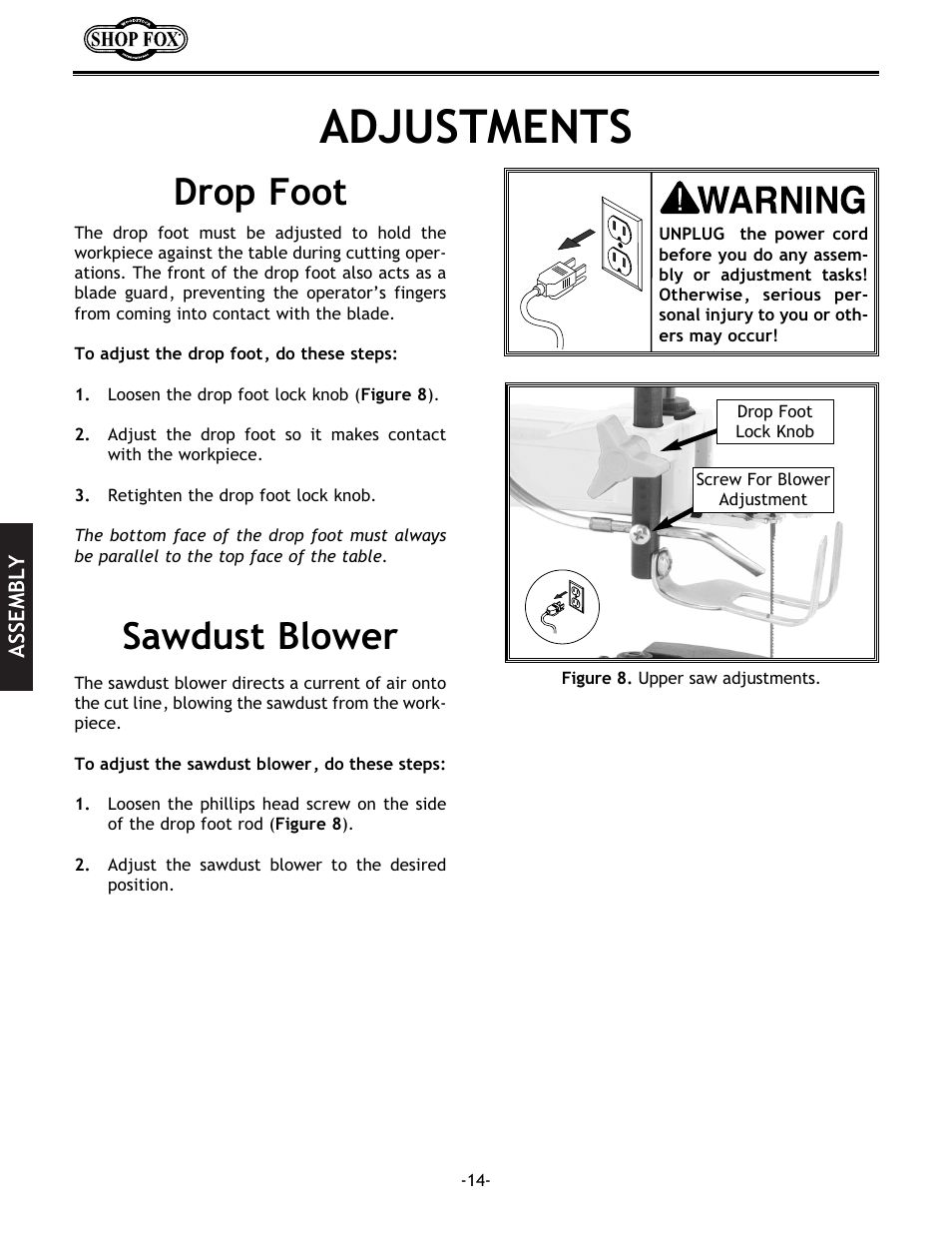 Adjustments, Sawdust blower drop foot | Grizzly Model H5698 User Manual | Page 16 / 28