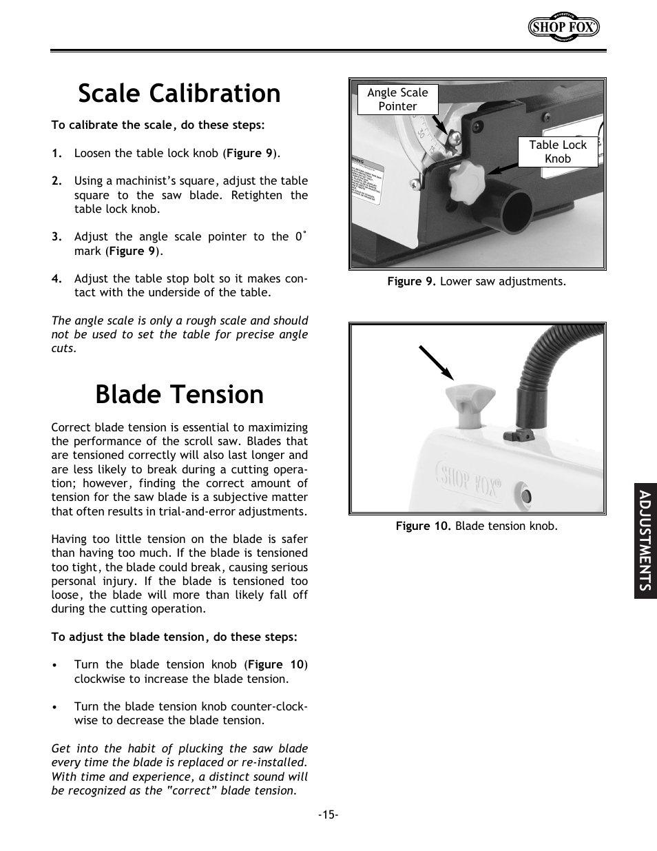 Blade tension scale calibration | Grizzly Model H5698 User Manual | Page 17 / 28