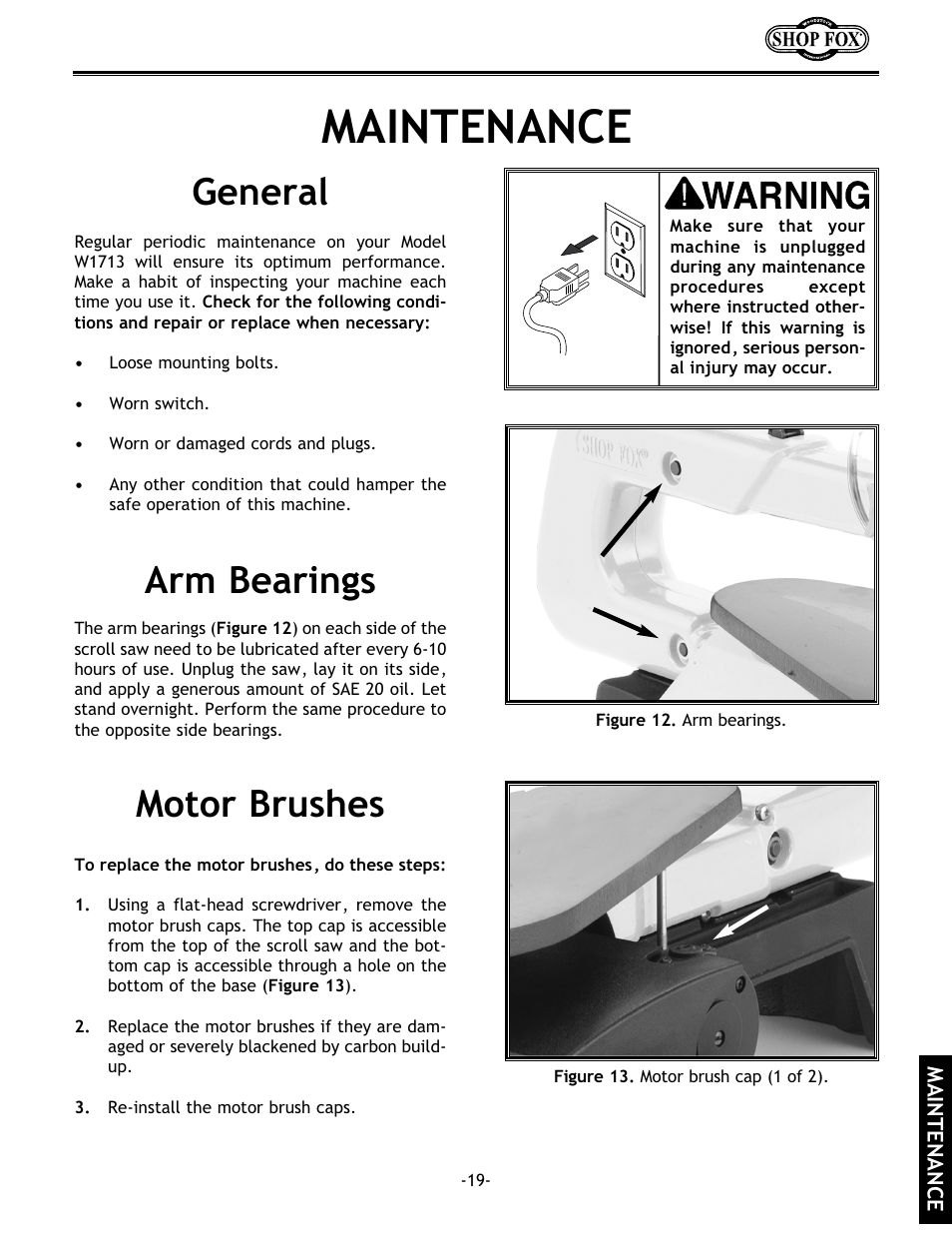 Maintenance, Motor brushes arm bearings general | Grizzly Model H5698 User Manual | Page 21 / 28