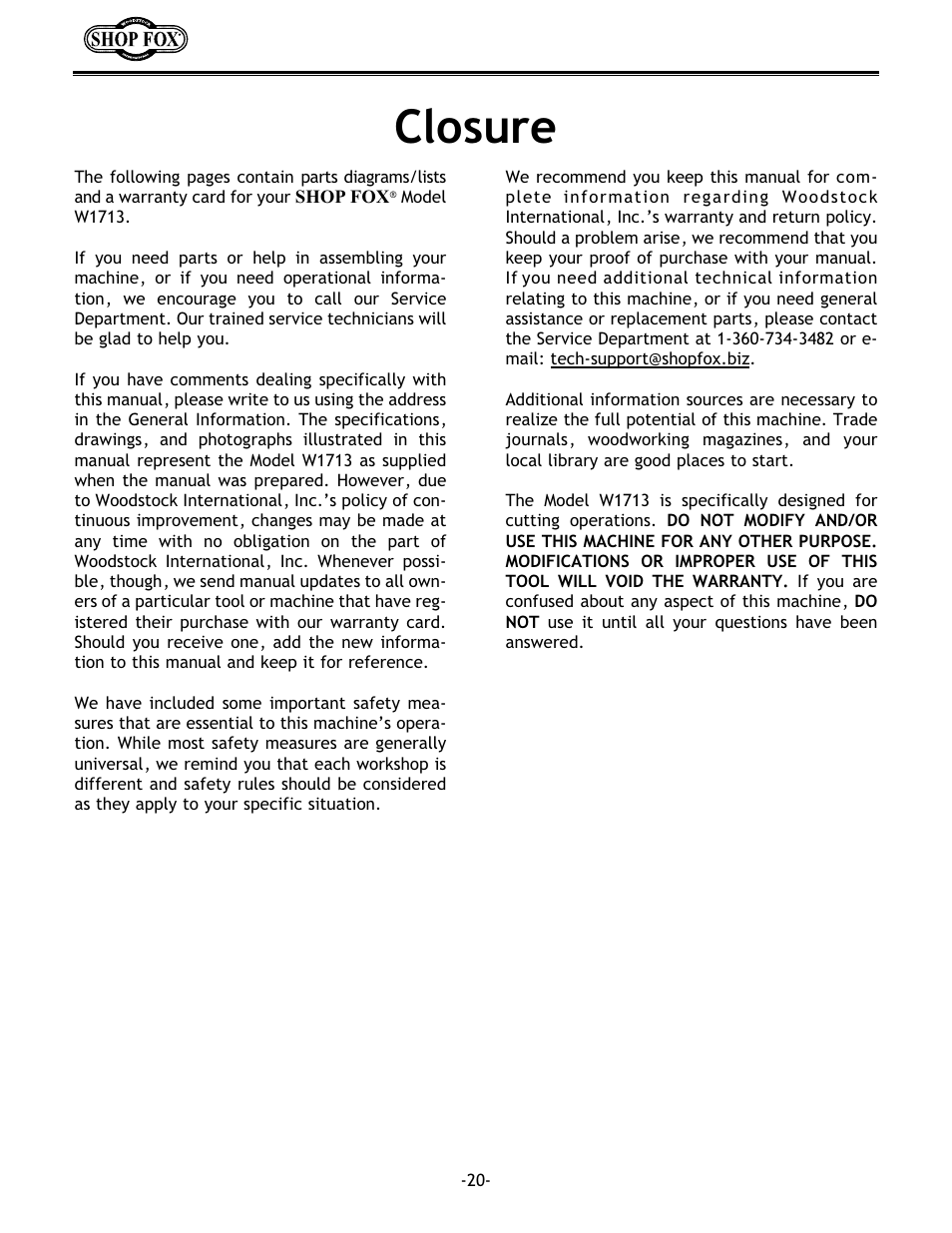 Closure | Grizzly Model H5698 User Manual | Page 22 / 28