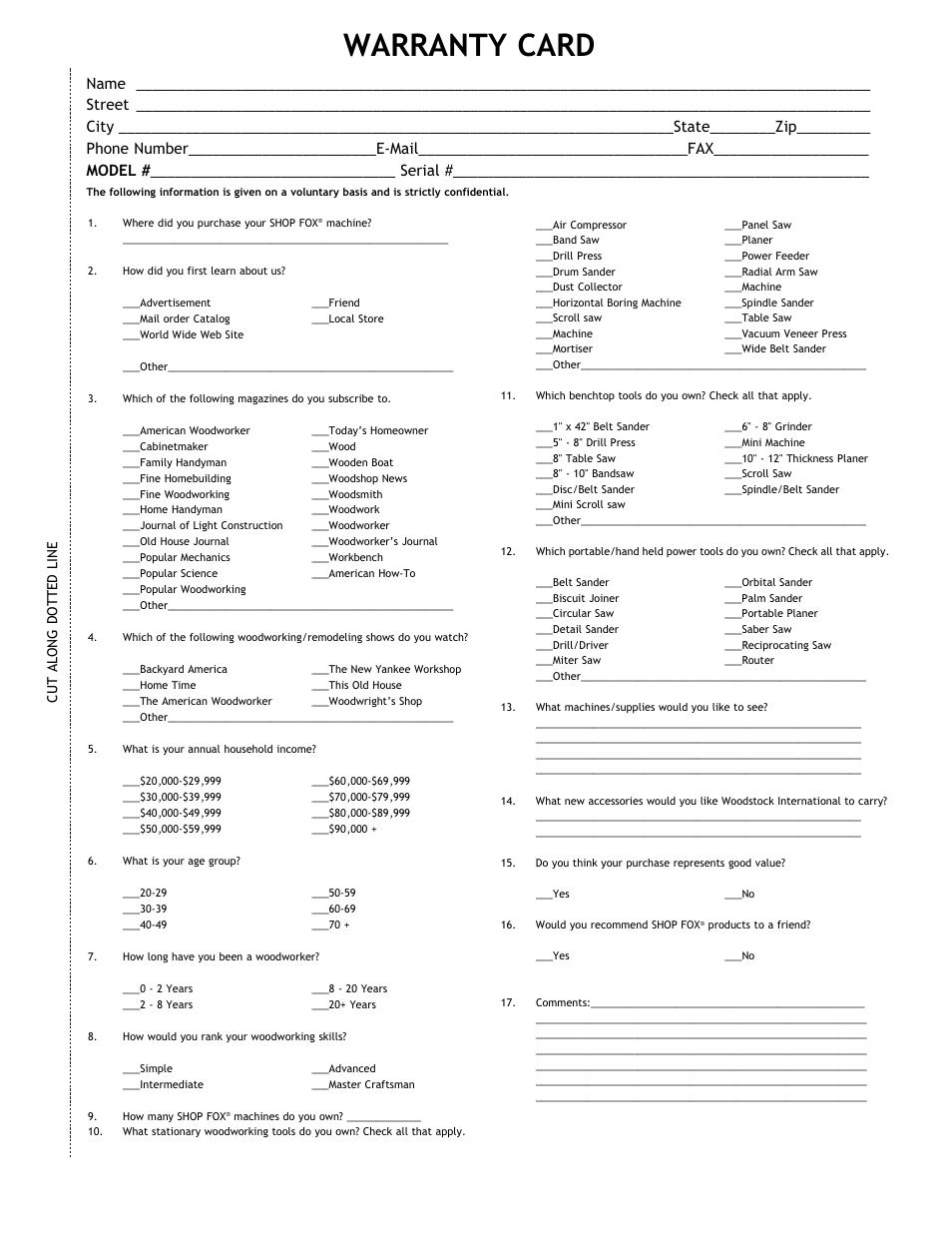 Warranty card, Cut along dotted line | Grizzly Model H5698 User Manual | Page 25 / 28